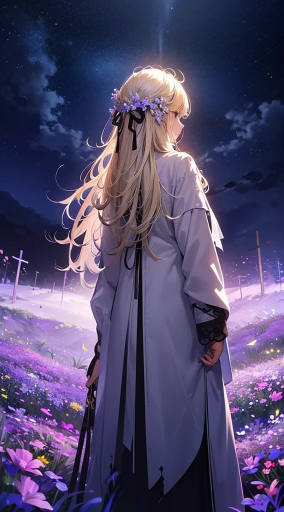 １people々々々々々々々々々,Blonde long-haired woman，White long coat， Dress Silhouette， Rear View，Space Sky, Countless crosses stand in the flower field，Colorful flowers，Fluttering petals，Countless crosses lined up，