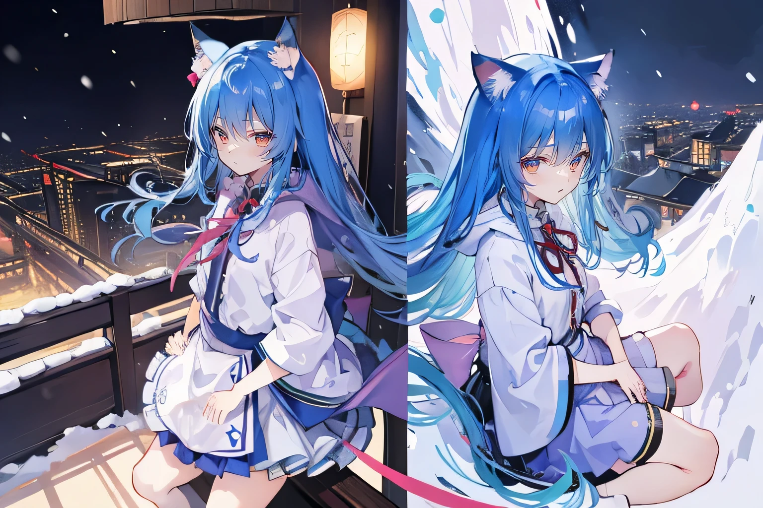 (masterpiece:1.2),Super detailed,lifelike,Expressive eyes,fair skin,perfect face shape,1 girl,
Japanese comics,Gorgeous blue hair,flowing blue hair,flowing clothes,Cat ears,Petals fall,beautiful lola,Baby Angel,
Cross your legs,Gentle and peaceful background,The pavilion is cool and comfortable,smile, wearing hoodie, background of tokyo,back views,snowing, winter.