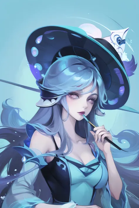 wearing a straw hat、blue hair anime girl in a blue dress, artwork in the style of guweiz, beautiful anime portrait, guweiz, beau...