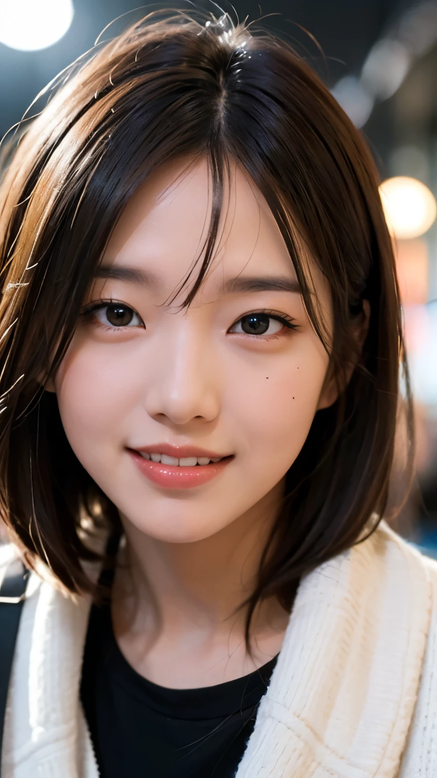 (masterpiece, highest quality, beautiful girl, Cute face:1.2), (Close your face:1.2), 8k, Official Art, RAW Photos, Confused, Please wear warm clothes when going out in the city during the cold season., View your viewers, thin, Teen, Face Light, Film Grain, chromatic aberration, Sharp focus, Very happy smile, Show me your little teeth, Dynamic Lighting, Cinema Lighting, Photo of your face, Upward glance