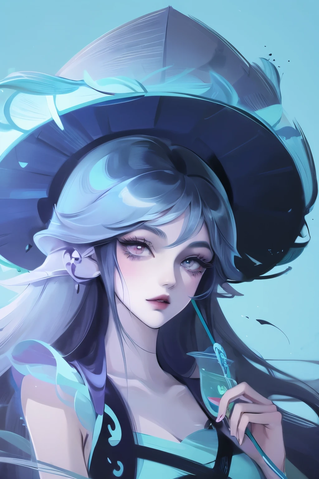 Wearing a straw hat、Blue hair anime girl in a blue dress, Artwork in the style of Guweiz, Beautiful anime portrait, guweiz, Beautiful anime girl, beautiful anime style, Anime girl with teal hair, anime style. 8k, Beauvot Art Style, Beautiful digital illustrations, Beautiful character painting, Stunning anime face portraits