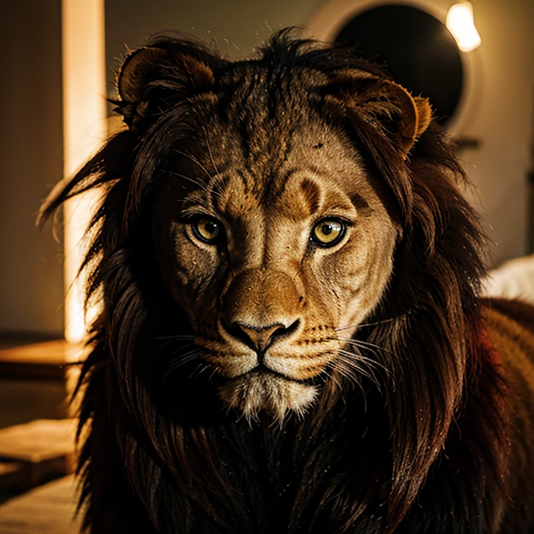 lion,animal humanoide de pele vermelha,juba preta e olhos verdes, estilo anime