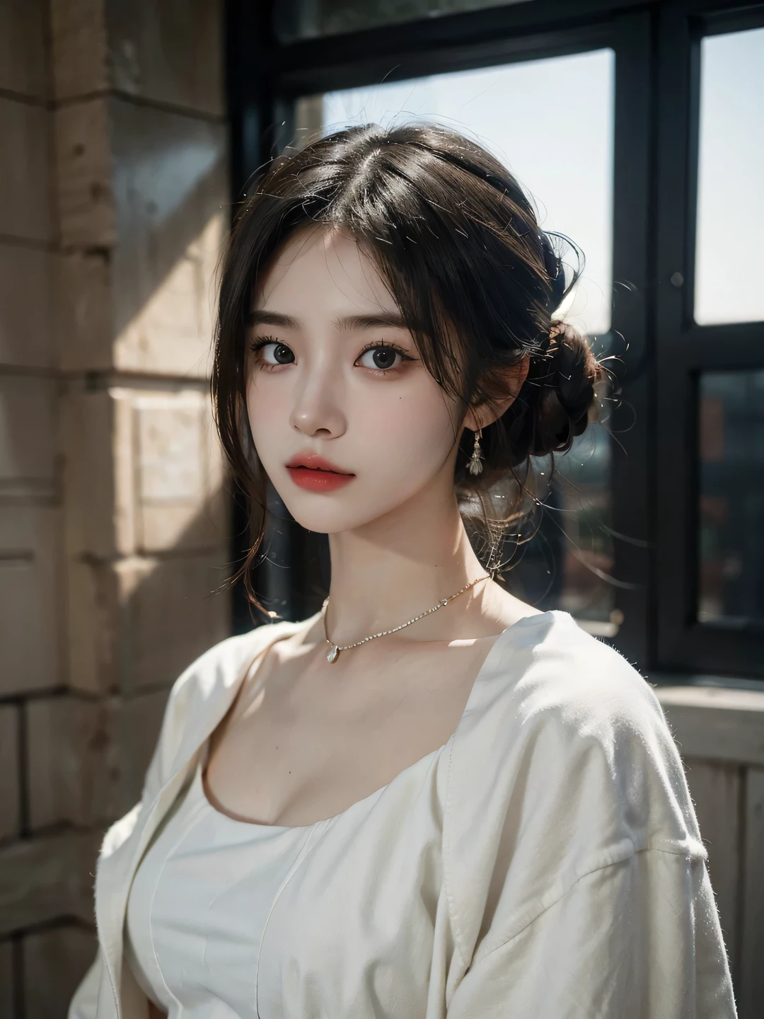 1girl, (looking at viewer:1.2), detail face, (a girl standing, rending on cgsociety, black shadows, streaming, new york backdrop), romanticism, atmospheric, (RAW photo, best quality), (realistic, photo-realistic:1.3), masterpiece, an extremely delicate and beautiful, extremely detailed,Hair in a bun，Wear delicate earrings， D cup，Cleavage，White gauze coat，Translucent white tube top1.5，