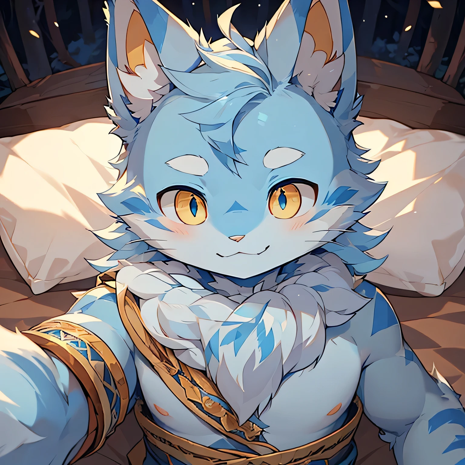 The only person，(Male cats:1.5), (blue skin:1.3), hairy，(Light blue fur:1.3),((Golden pupils)) ,(White ears),(hairy animal ears)，Covered with hair，Wear adventurer's clothes，Undressing posture，Behind is the room，Delicate face，Delicate eyes，Perfect sunshine，Face Focus，Charming expression，Stick out your tongue，on the bed