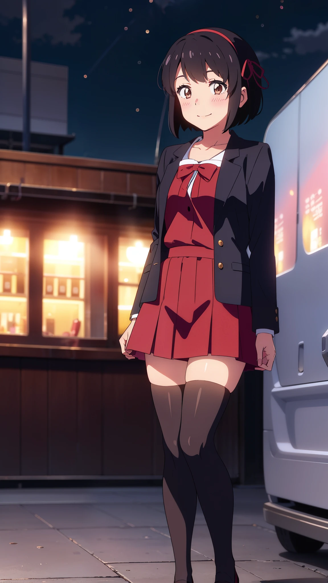 shinkai makoto, kimi no na wa., 1girl, bangs, black hair, blush, brown eyes, idol, idol dress, collarbone, red headband, red ribbon, open jackets, red skirt, short skirt, black thighhighs, short hair, smile, cute, solo, outdoors, night background, dynamic light, park, upper body