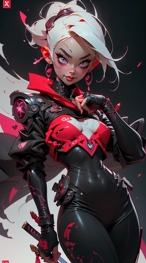a Nijiexpressive_VI art-gem of a woman toky Ghoul, girl beautiful red, katana ,black, mouth open, detalhes neon ,octane. trending on artstation, ui card, by james jean, merge, book cover!!!!!!!!!!!!, perfect android girl, instagram, merciless, Niji_smile:1>