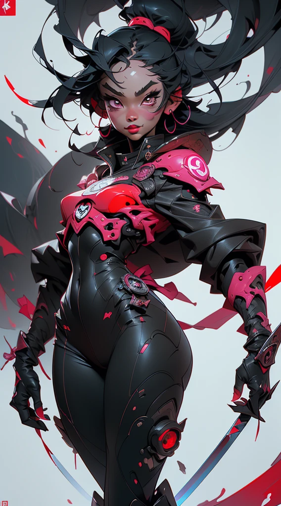 a Nijiexpressive_VI art-gem of a woman toky Ghoul, girl beautiful  red, katana ,black, mouth open, detalhes neon ,octane. trending on artstation, ui card, by james jean, merge, book cover!!!!!!!!!!!!, perfect android girl, instagram, merciless, Niji_smile:1>