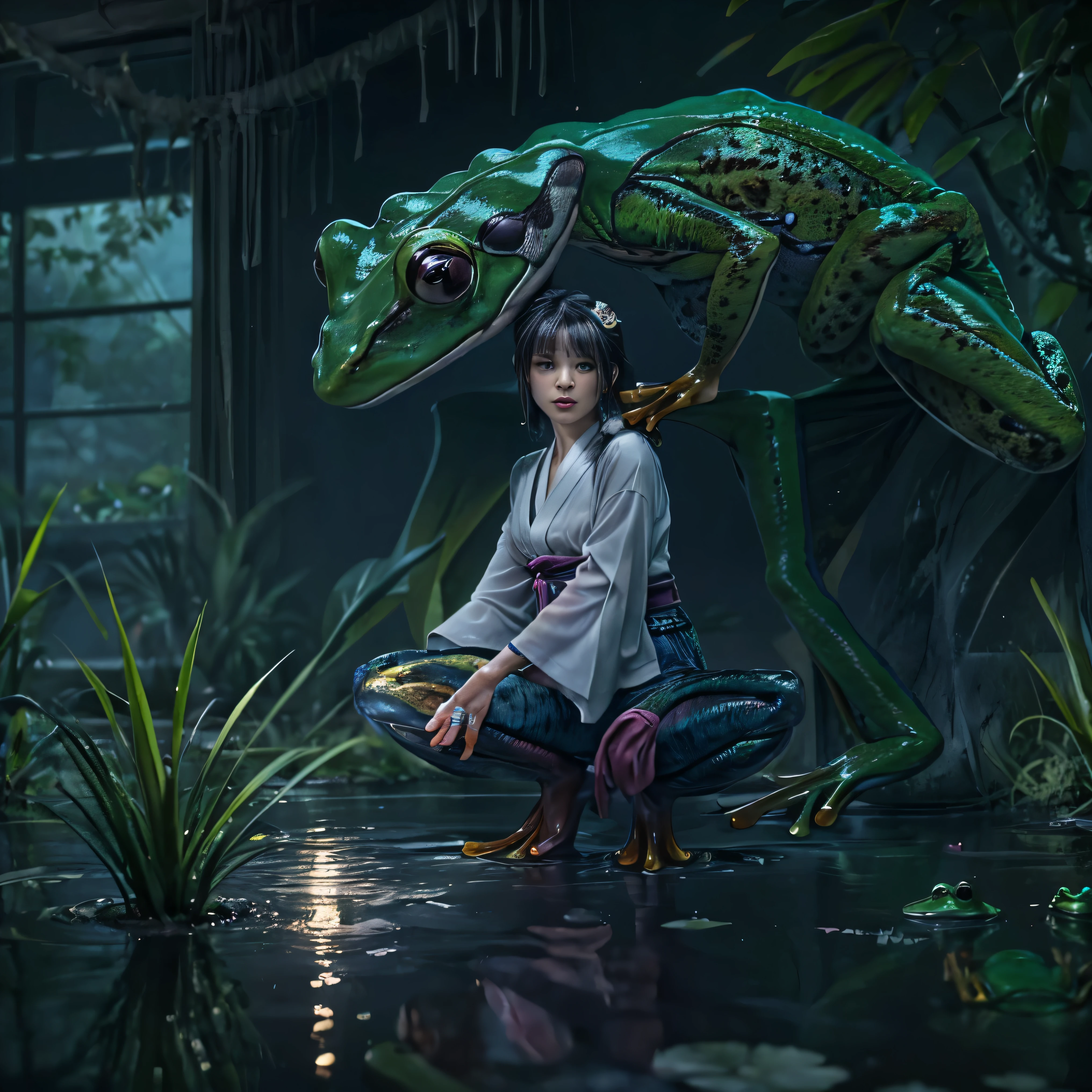 (highest quality、4k、8k、High resolution、masterpiece: 1.2)、Super detailed、(Real、Photorealistic、Photorealistic: 1.37)、Full Body Portrait、media: Fantasy、Horror、Dark Fantasy、Creatures、Hybrid Creatures、(Anatomically correct fingers: 1.4 )、(The upper body of a beautiful young woman)and((A hybrid creature with the lower body of a frog: 1.5))、(Squats with legs open:1.5)、Visualization of mythical creatures、yukata、At night in the swamp、Dark atmosphere、Dim color、Spooky lighting、looking at the camera