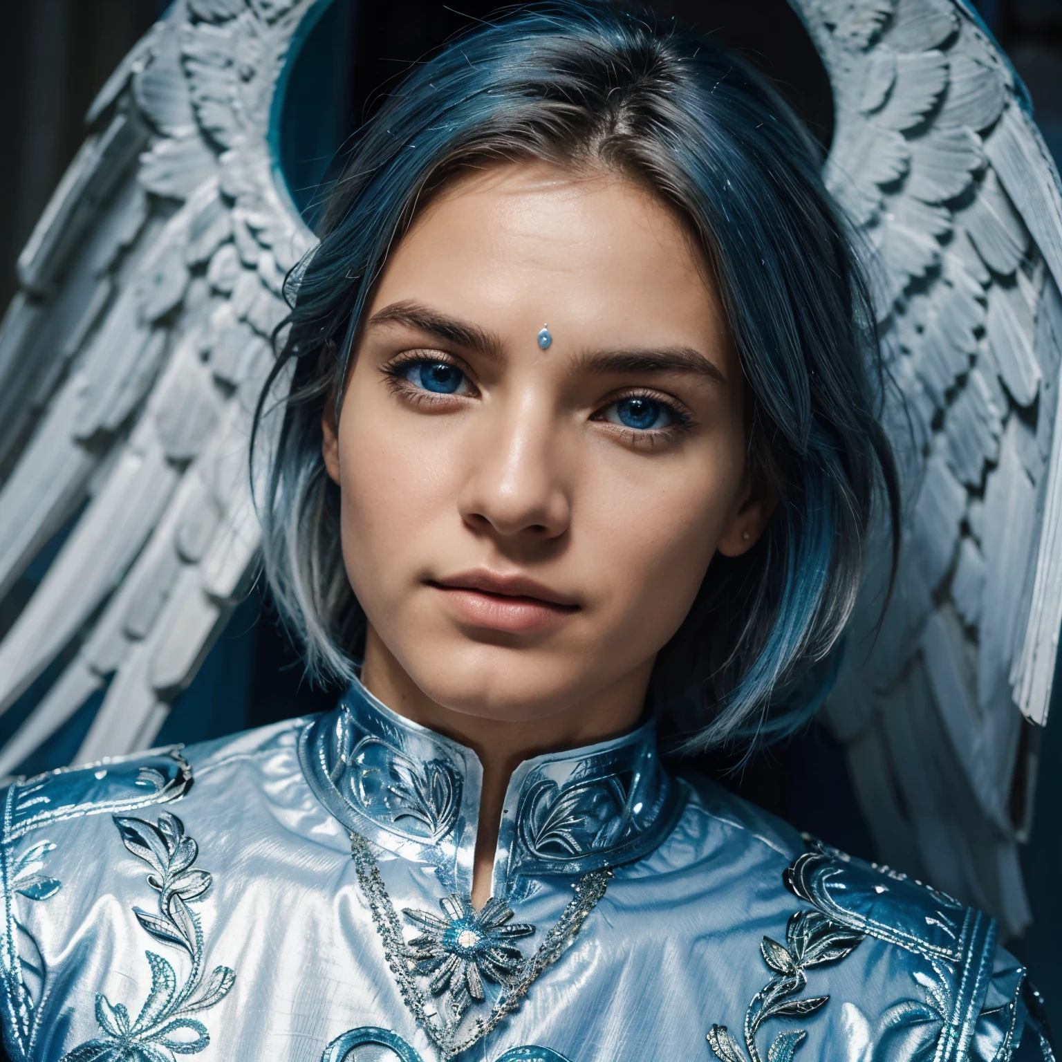 Homem aproximado 20 anos ,Cabelos louro,olhos brilhantes azul,Asas de anjo, vestes celestiais,beleza angelical,.Imagem real.Alta qualidade,perfeito,lindo,