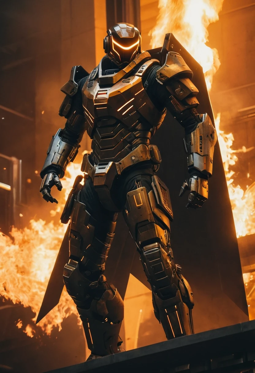 a close up of a robot in a building with a helmet on, cyberpunk flame suit, cyberpunk armor, cyberpunk suit, sci - fi suit, intricate cyberpunk armor, cybernetic fire armor, apex legends armor, cyber suit, cybernetic flame armor, clothed in sci-fi military armor, warrior in sci-fi armour, sci - fi armor