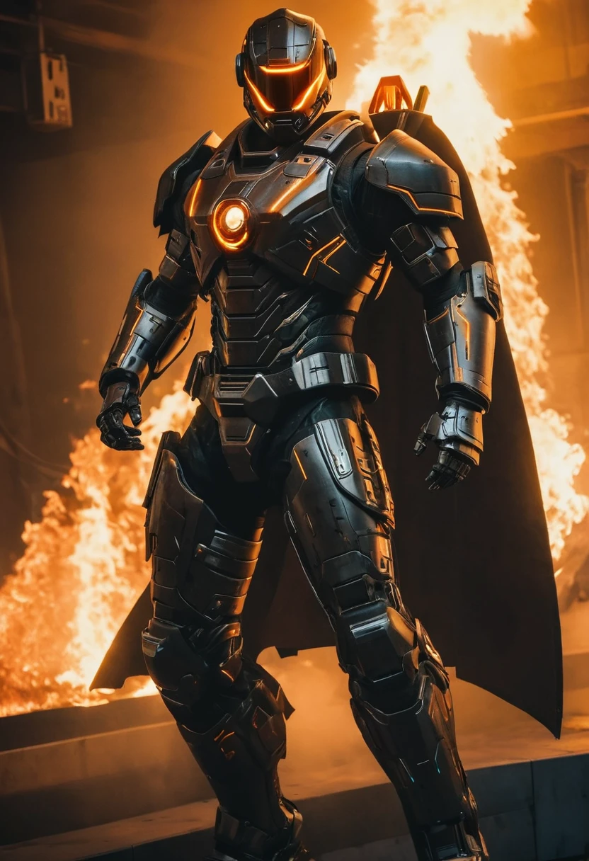 a close up of a robot in a building with a helmet on, cyberpunk flame suit, cyberpunk armor, cyberpunk suit, sci - fi suit, intricate cyberpunk armor, cybernetic fire armor, apex legends armor, cyber suit, cybernetic flame armor, clothed in sci-fi military armor, warrior in sci-fi armour, sci - fi armor