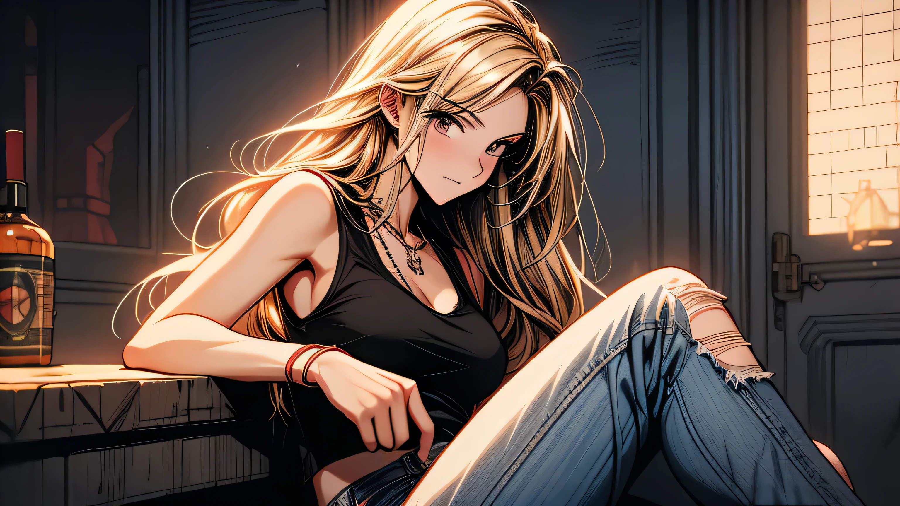 masterpiece, high-quality, high-definition, high-resolution, anime style, warm color palette, naughty look //Character
1girl, ripped jeans, long hair
Blonde Girl,
tank top, rebellious,
ripped jeans,