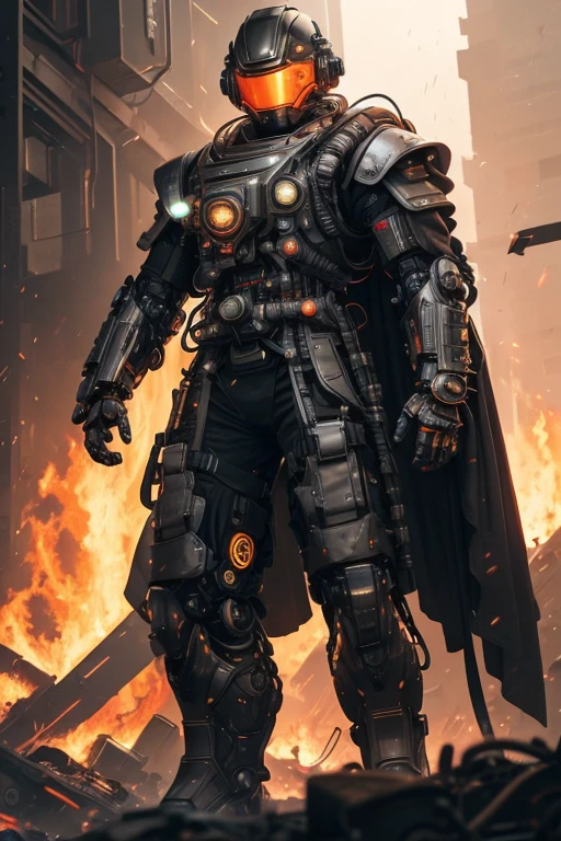 a close up of a robot in a building with a helmet on, cyberpunk flame suit, cyberpunk armor, cyberpunk suit, sci - fi suit, intricate cyberpunk armor, cybernetic fire armor, apex legends armor, cyber suit, cybernetic flame armor, clothed in sci-fi military armor, warrior in sci-fi armour, sci - fi armor
