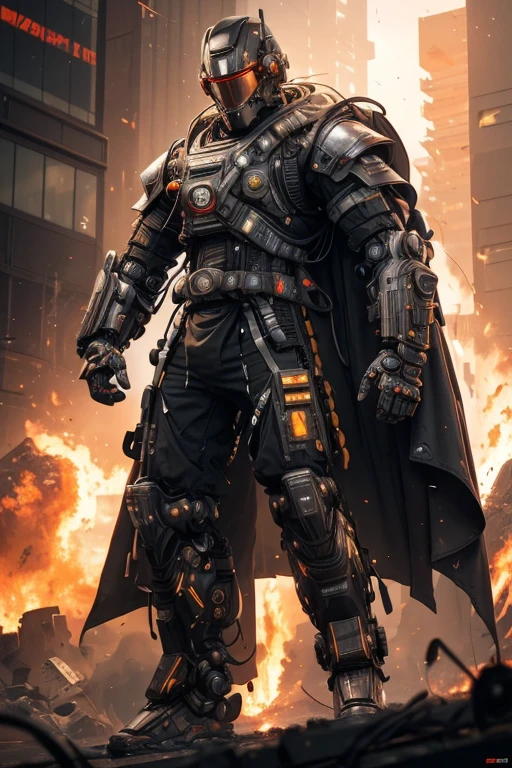a close up of a robot in a building with a helmet on, cyberpunk flame suit, cyberpunk armor, cyberpunk suit, sci - fi suit, intricate cyberpunk armor, cybernetic fire armor, apex legends armor, cyber suit, cybernetic flame armor, clothed in sci-fi military armor, warrior in sci-fi armour, sci - fi armor
