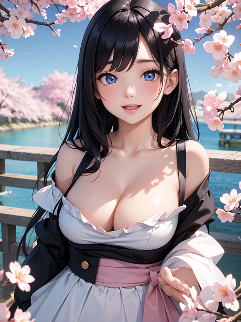 Face close-up、White and black Hair、long hair、girl１、smile、cherry blossoms、Light blue eyes、Open your mouth、Pink Lips、Off the shoulder、Large Breasts、Cleavage、Hide your arms behind your body