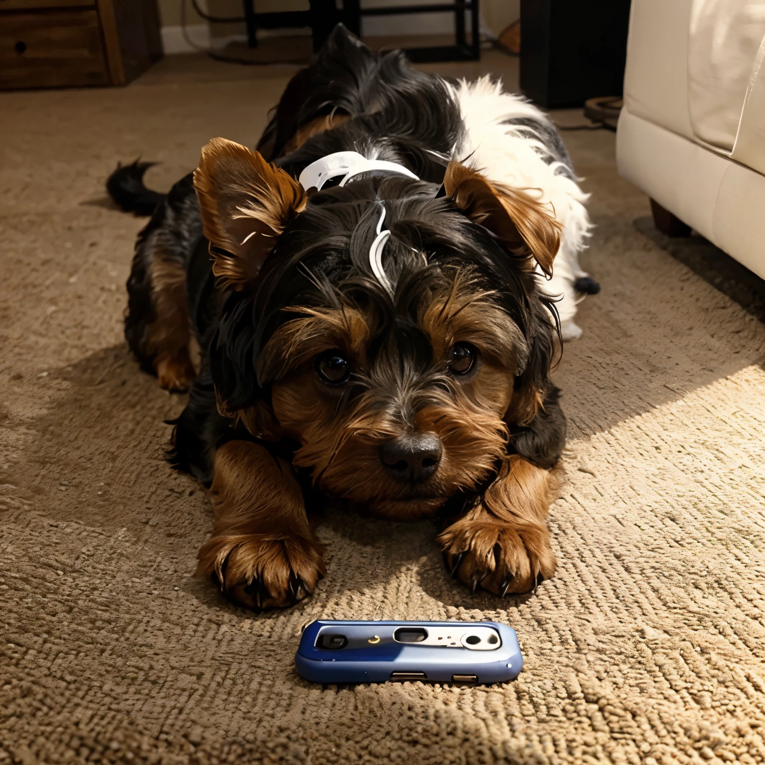 Perro yorkie reparando celulares