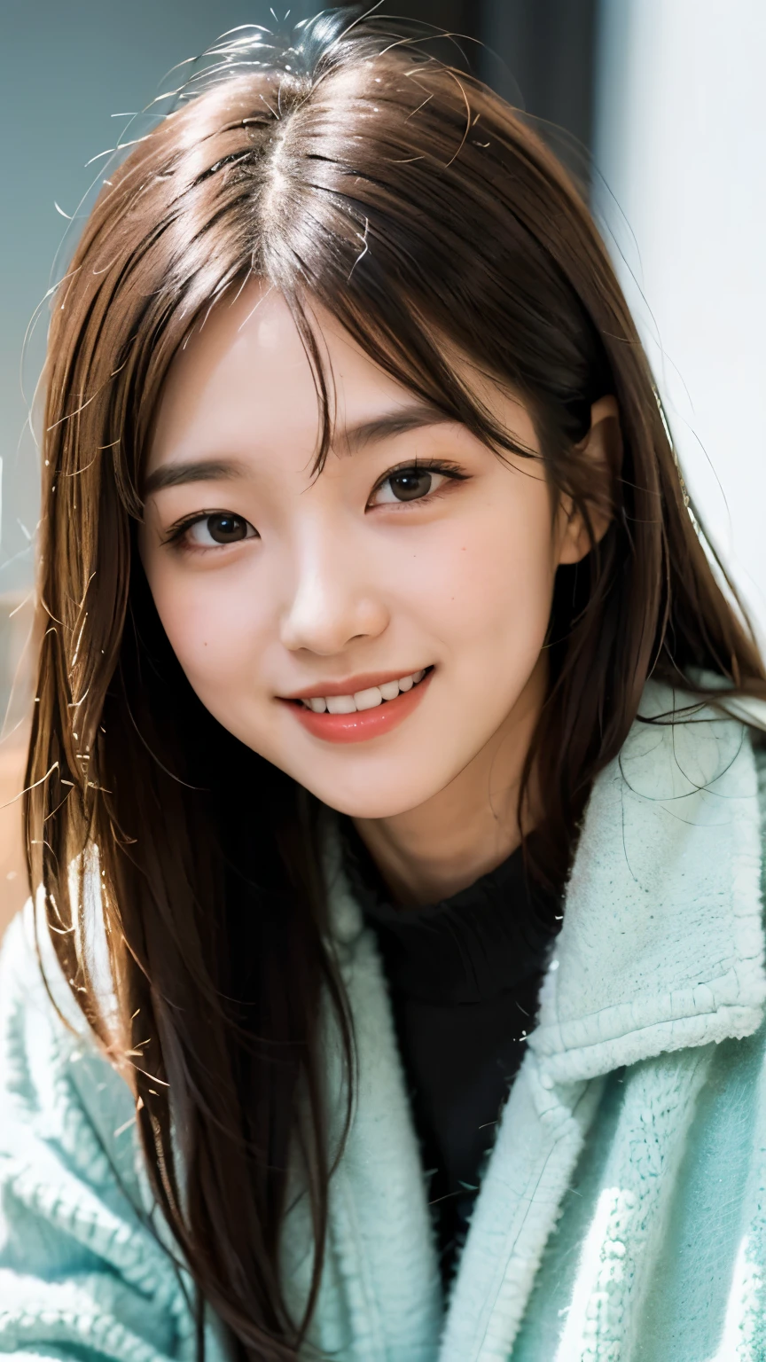 (masterpiece, highest quality, beautiful girl, Cute face:1.2), (Close your face:1.2), 8k, Official Art, RAW Photos, Confused, (((Spring coat),Spring long sweater),Pleated skirt), View your viewers, thin, Teen, Face Light, Film Grain, chromatic aberration, Sharp focus, Very happy smile, Show me your little teeth, Dynamic Lighting, Cinema Lighting, Photo of your face, Upward glance