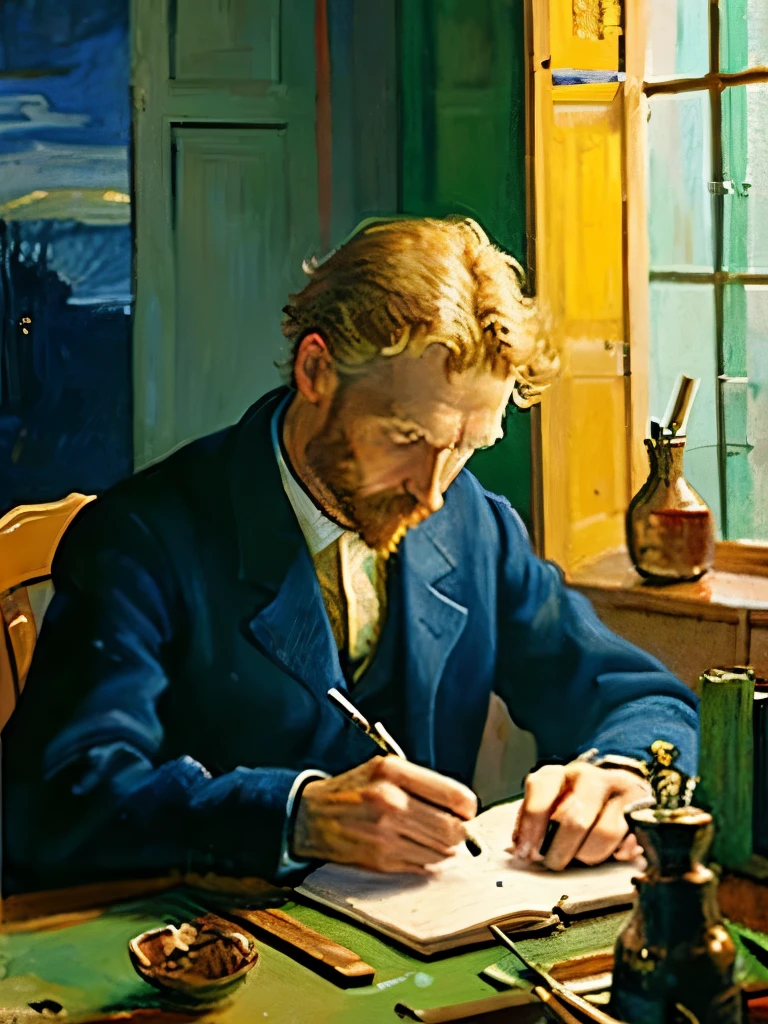 Produce a painting of a man writing a letter in the style of Vincent Willem van Gogh.