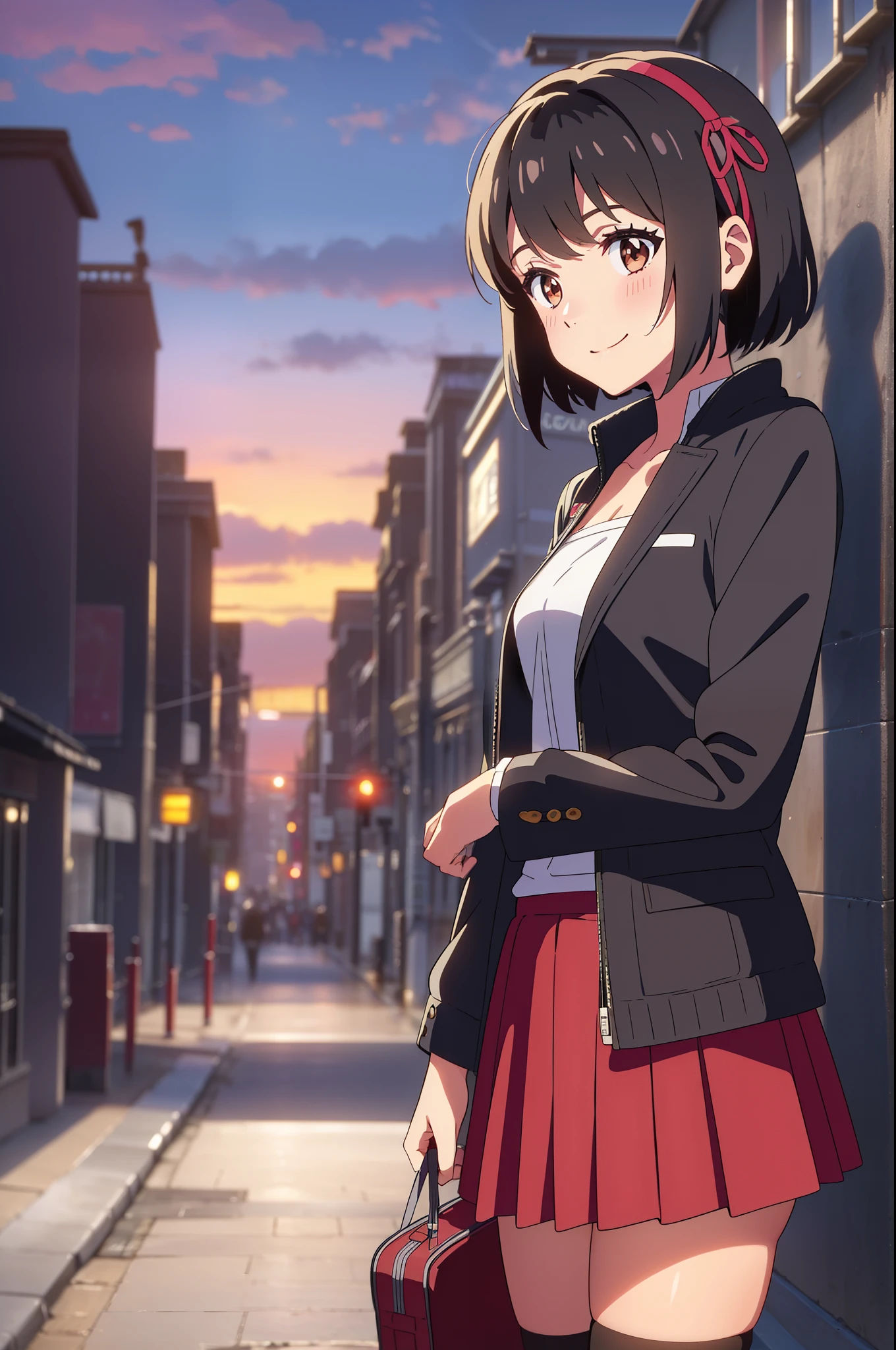 shinkai makoto, kimi no na wa., 1girl, bangs, black hair, short hair, blush, brown eyes, idol, idol dress, collarbone, red headband, red ribbon, open jackets, skirt, short skirt, black thighhighs, smile, cute, solo, outdoors, night background, dynamic light, park, upper body