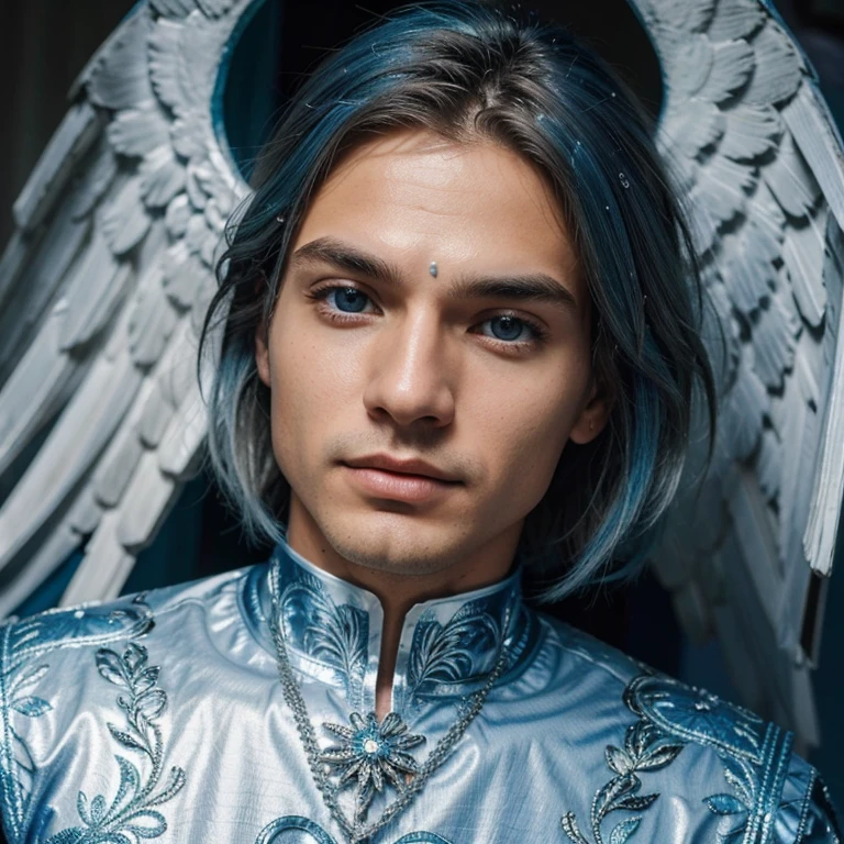Homem aproximado 20 anos ,Cabelos louro,olhos brilhantes azul,Asas de anjo, vestes celestiais,beleza angelical,.Imagem real.Alta qualidade,perfeito,lindo, Masculino,cabelos grisalhos