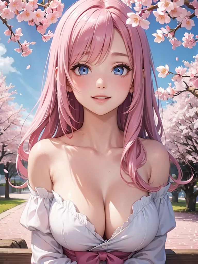 Face close-up、pink Hair、long hair、girl１、smile、cherry blossoms、Light blue eyes、Open your mouth、Pink Lips、Off the shoulder、Large Breasts、Cleavage、Hide your arms behind your body