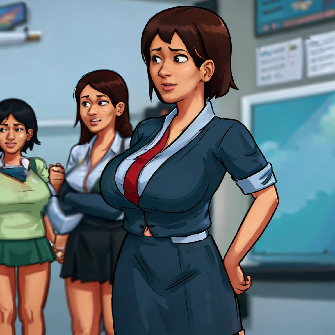 Obra-prima de melhor qualidade, Anime illustration of a group of college anime girls in school uniforms standing in a classroom 