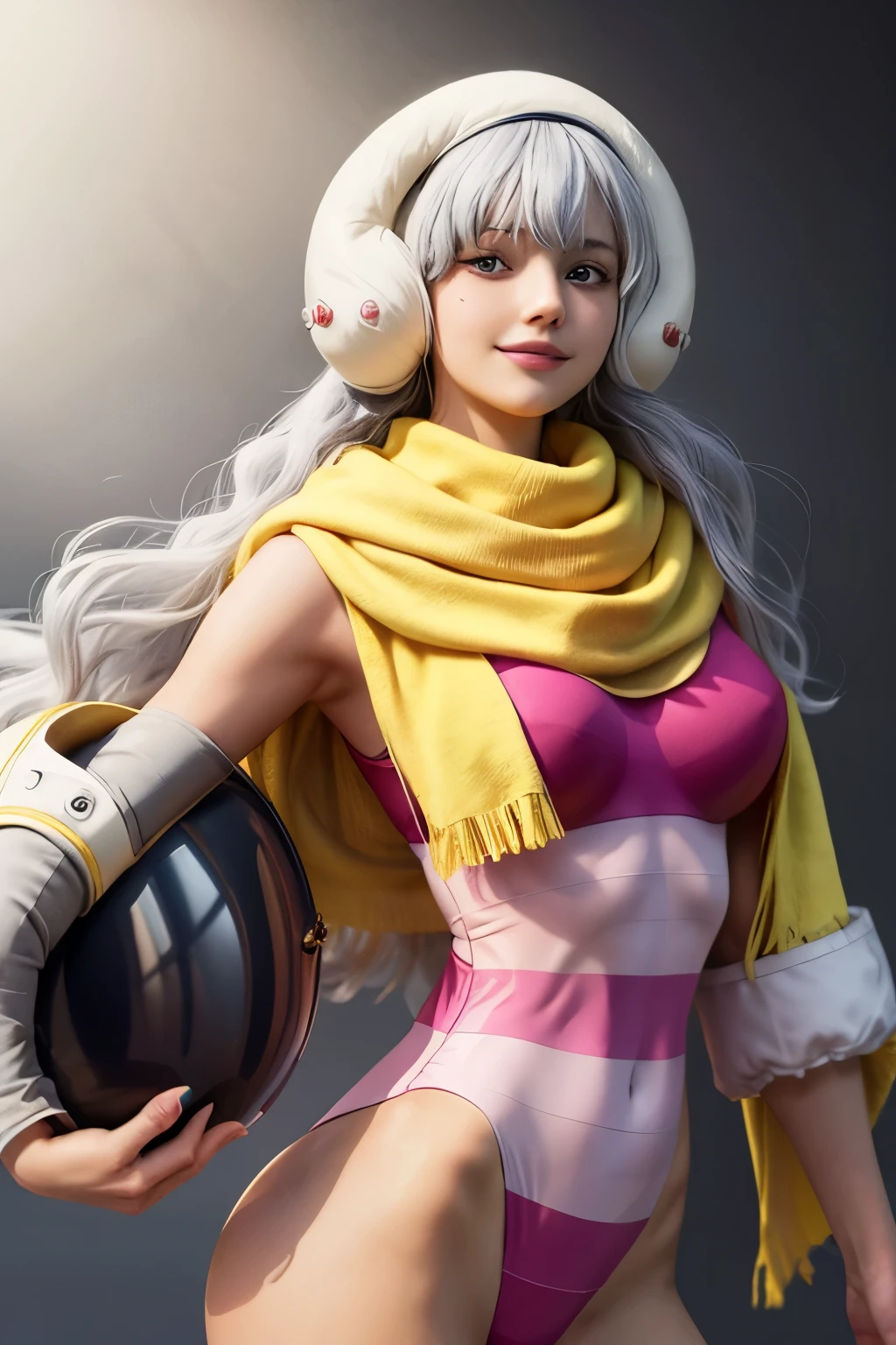 masterpiece, highest quality, One girl, Charlotte Smoothie, Gray Hair, Long Hair, blue eyes, Hair on one eye, Floating Hair, Helmet, Pink leotard, Yellow scarf, close, smile, View your viewers, sketch, Simple Background