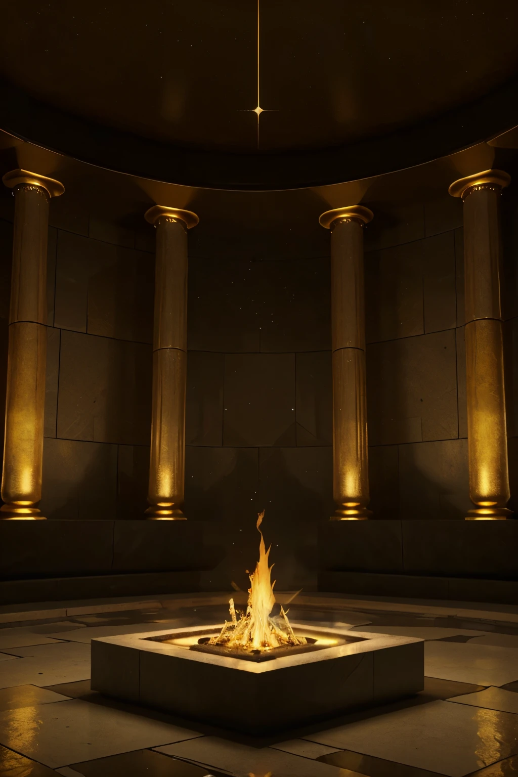 Draw a temple lit by a constellation of stars with the North Pole star in the center ,placa de assento estrela:translucent,planetary,fundo escuro,luz,gold and precious stonesく,lindo,obra de arte,misterioso,cores ricas,brilhantemente,star,luz, fire temple , persian temple , ancient temple , modern , architecture , There are fireplaces in the middle , high quality, best quality, v ray , 3ds max , v ray , high quality
