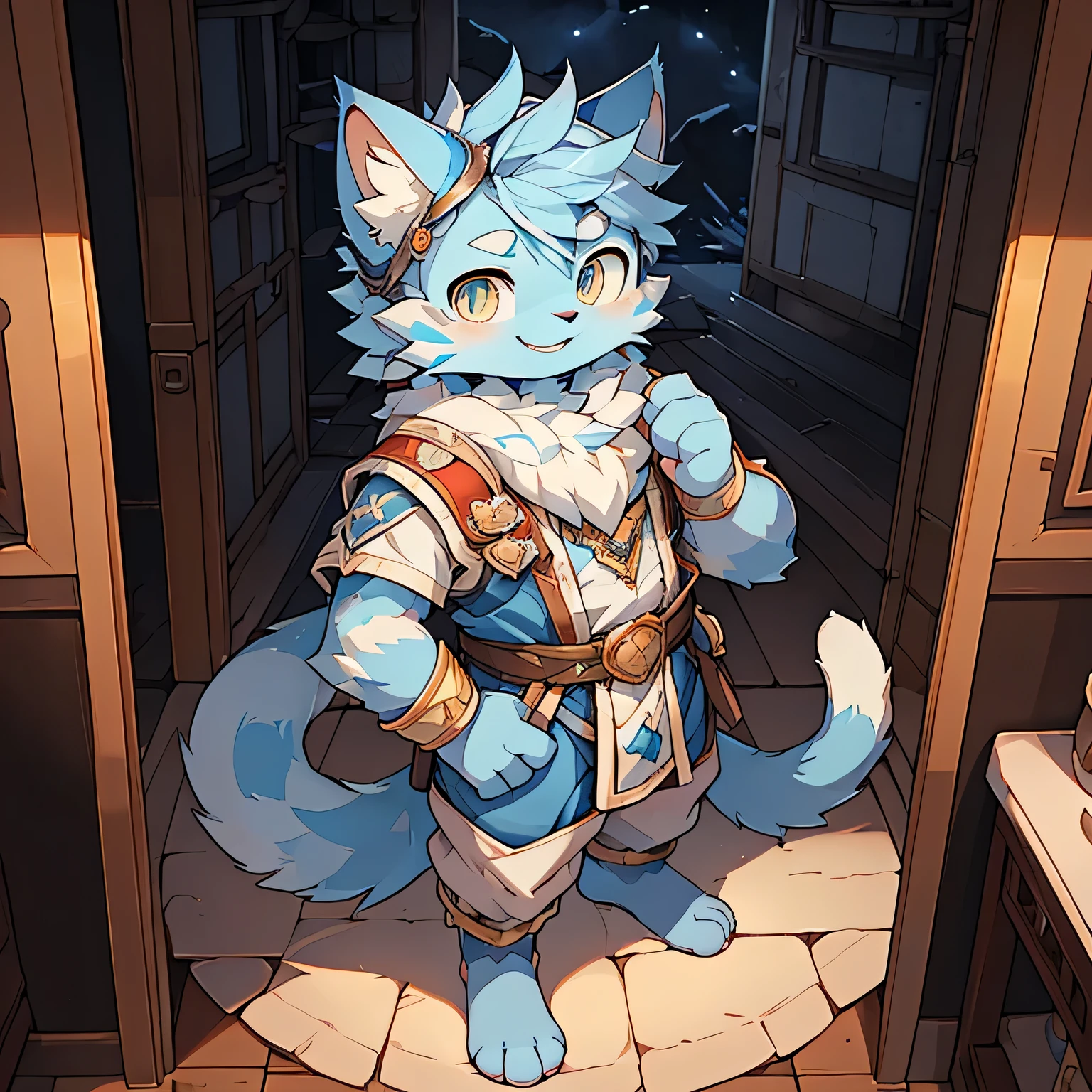 The only person，(Male cats:1.5), (blue skin:1.3), hairy，(Light blue fur:1.3),((Golden pupils)) ,(White ears),(hairy animal ears)，Covered with hair，Wear adventurer's clothes，Face the implantation，Behind is the room，Fine hair，Top view，Red cheeks，Smile，night，Full body portrait，Complete clothes