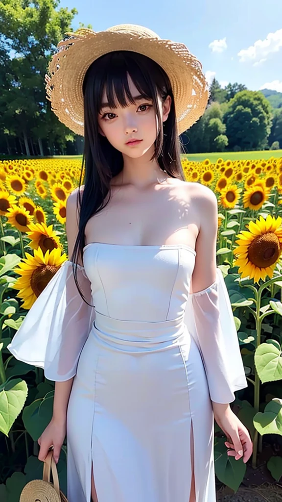 (best quality), (very aesthetic), (ultra-detailed), (best illustration), a small girl, solo, teenage, 12 years old, (baby face : 1.2), (slouching forward) , slim body type, short black hair, blunt bangs, (height 158cm : 1.2), (top bust 85cm : 1.2), (under bust 65cm : 1.2), (waist 55cm : 1.2), (hips 82cm : 1.2), very blushing, sunflower field, white long dress, off shoulder, straw hat, docile character