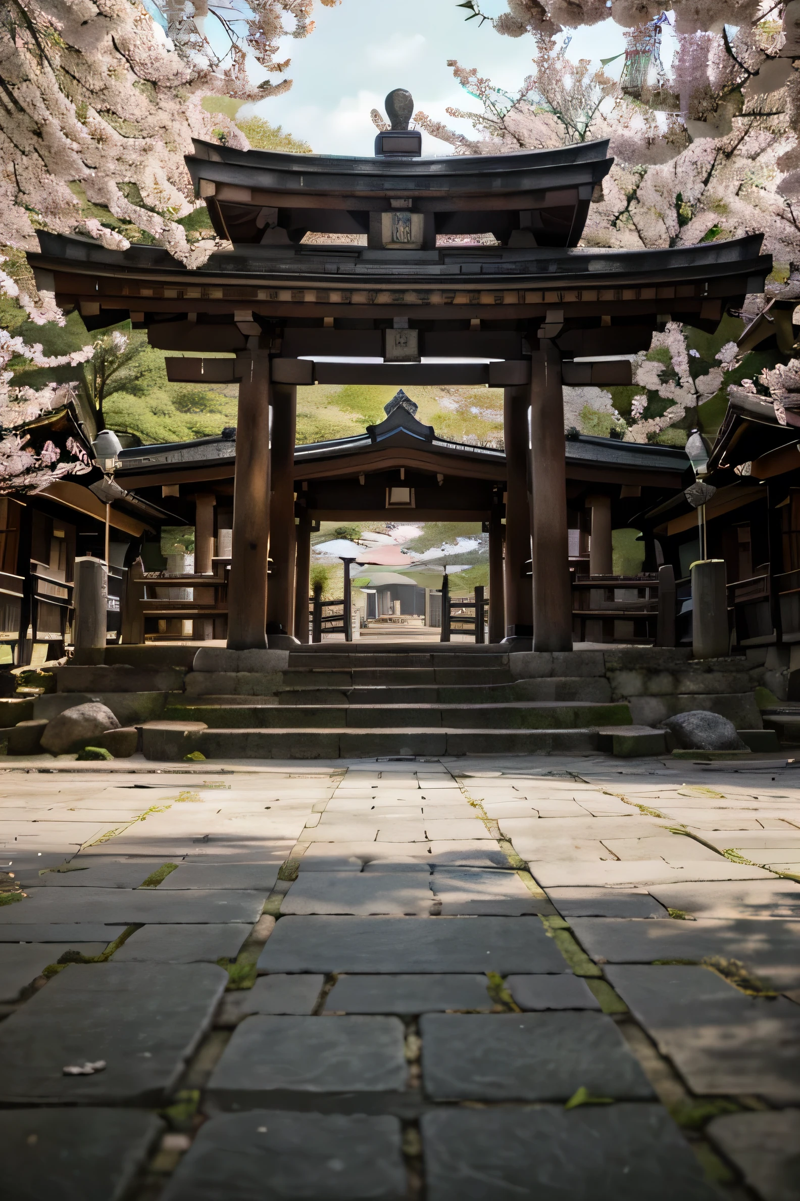 wide view of a busy old-century japanese public square, huge cobblestone empty open space for fighting arena in the middle of village with dark wood torii, wooden message board, shinto shrine, beautiful and aesthetic, photography, cinematic, 8k, high detailed ((Spring time)))