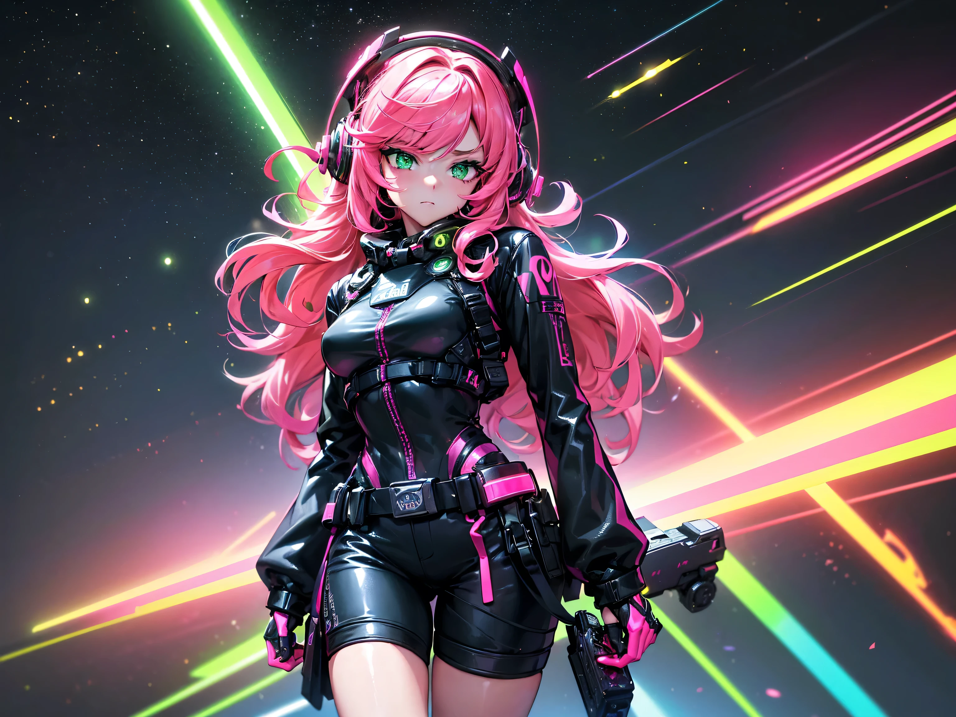 masterpiece:1.4, 1girl ((20year old, dressed in long sleeve shirt, tight black shorts, sneakers, medium breasts, multicolor pink hair, curly long hair, green eyes:1.4, Wearing headphones, badass, close up, futuristic city in background, floating in outer space:1.1 galaxy and earth in background:1.1, neon and energetic atmosphere:1.2)) ((nighttime)) ((solo:1.6))