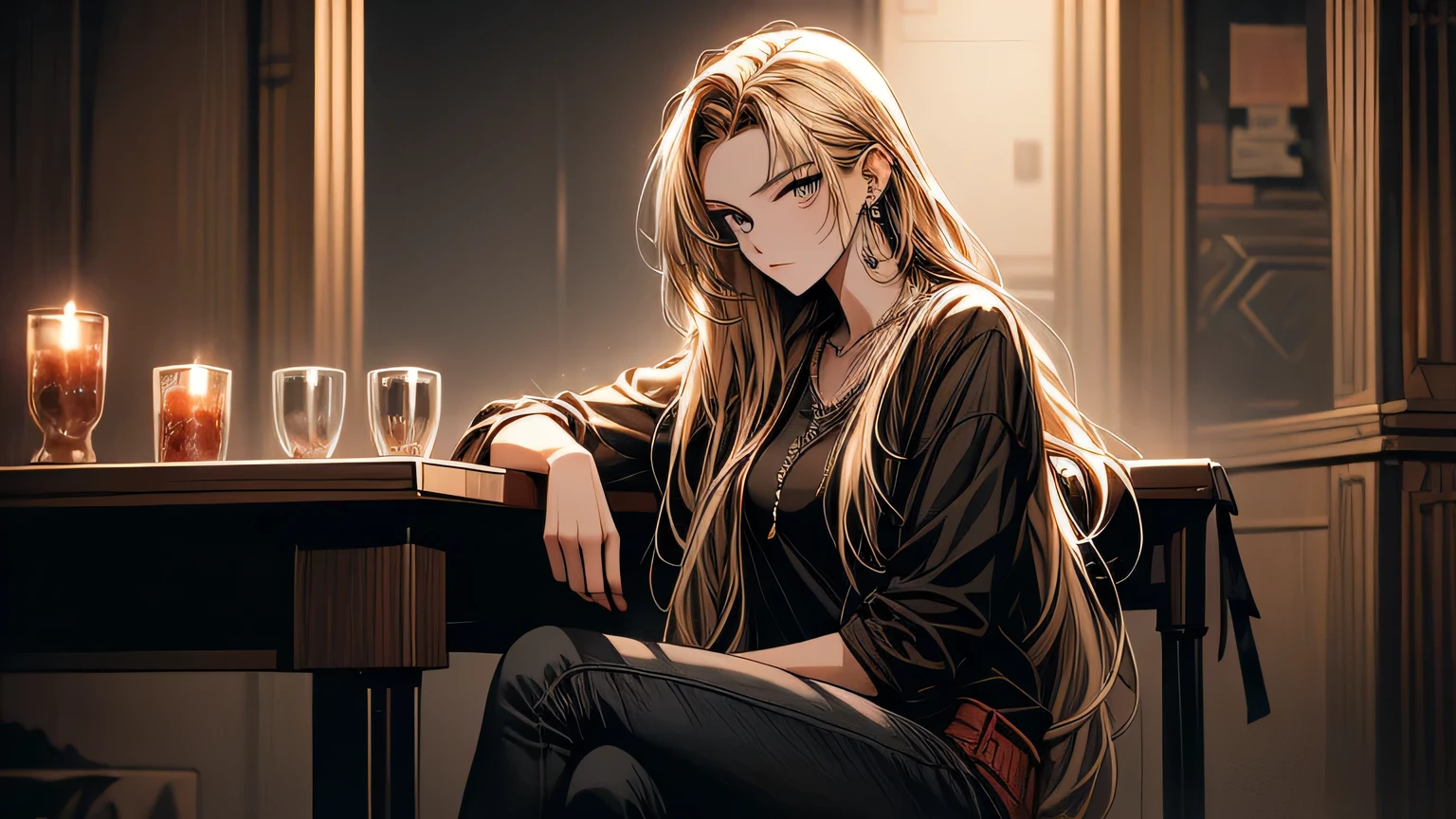 masterpiece, high-quality, high-definition, high-resolution, anime style, warm color palette, evil look //Character
1girl, ripped jeans, long hair
Blonde Girl,
rebellious,
ripped jeans, standing, leaning against a table, wearing a necklace, wearing earrings,