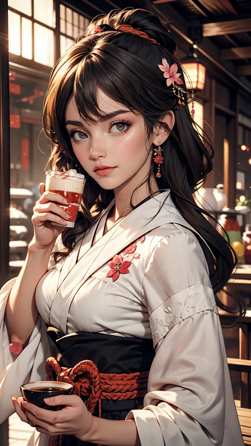 A young girl is holding a coffee cup in her hand, Girl cute beautiful face, Cute natural anime face, With a cute - lovely - face, sakimi chan, Chiho, Yoshitomo Nara, Young and pretty face, Beautiful Japanese girl face, 茶色の髪とBig eyes, pretty girl, Beautiful light、Big eyes