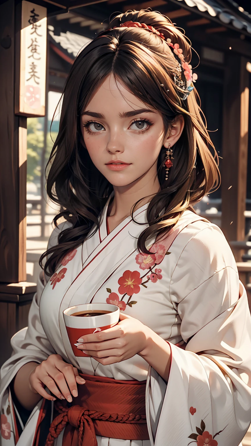 A young girl is holding a coffee cup in her hand, Girl cute beautiful face, Cute natural anime face, With a cute - lovely - face, sakimi chan, Chiho, Yoshitomo Nara, Young and pretty face, Beautiful Japanese girl face, 茶色の髪とBig eyes, pretty girl, Beautiful light、Big eyes