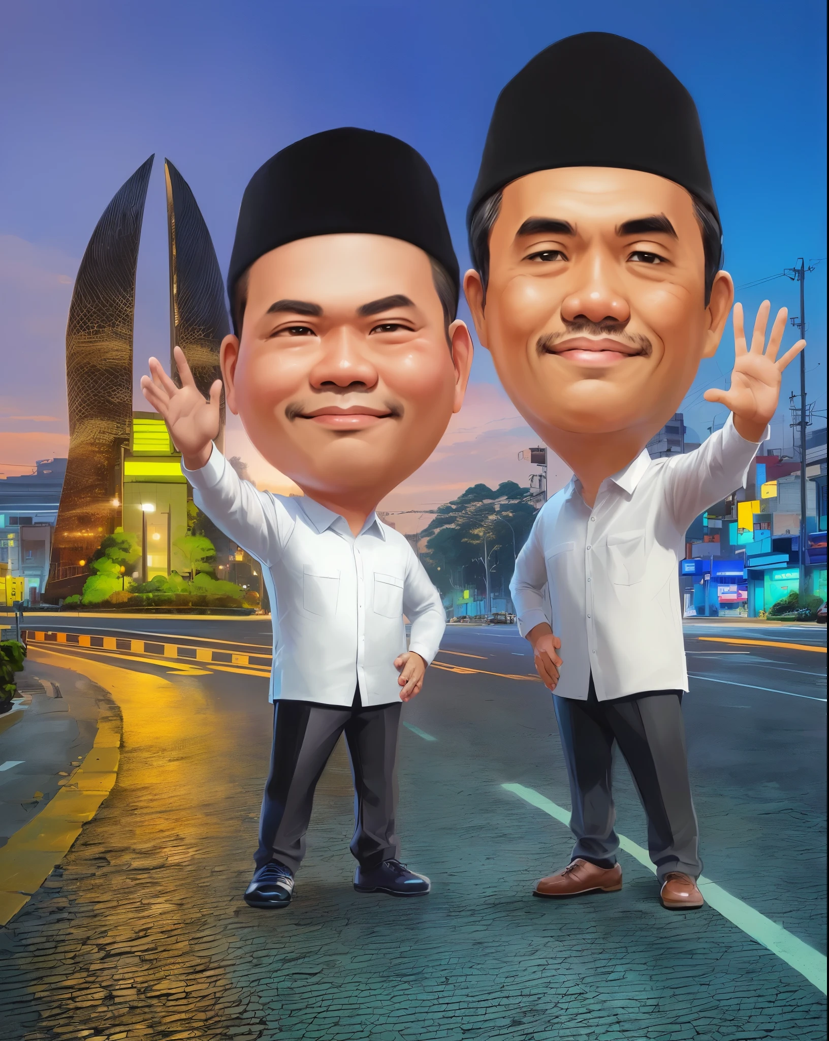 cartoon of two men in white shirts and black pants standing on a street, jakarta, caricature illustration, caricature style, by Abidin Dino, caricature, jokowi, south jakarta, inspired by Basuki Abdullah, indonesia, official illustration, digital art cartoon, in cartoon style, emir, caricature!!!, cartoon style illustration, cartoon, cartoon digital art, cartoon artstyle
