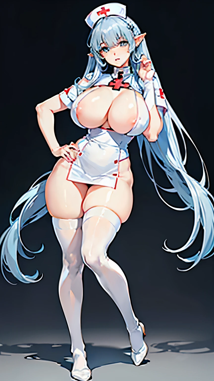 masterpiece,highest quality,Super detailed,Super Resolution,Beautiful feet,Detailed face,Detailed Hair,Detailed skin,Fine grain,alone,1 female,The nose is clean,((Pale skin)),((ultra high quality face)),Natural Body,Long legs,(((Curvy))),(((nurse))),(((Huge breasts))),(((Thick thighs))),(((White Thigh Socks))),((Light blue hair)),((Twin tails)),((Blunt bangs)),(Long pointy ears),((Slanted Eyes)),(((put your hand on your face)))