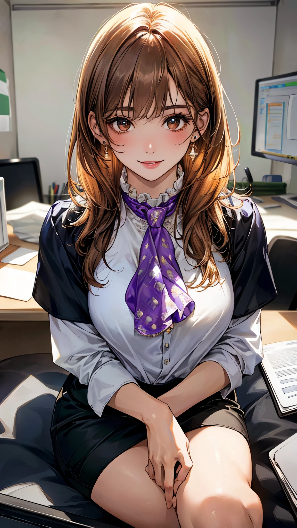 (masterpiece:1.3, top-quality, ultra high res, ultra detailed), (realistic, photorealistic:1.4), beautiful illustration, perfect lighting, natural lighting, colorful, depth of fields, surrealism, 
beautiful detailed hair, beautiful detailed face, beautiful detailed eyes, beautiful clavicle, beautiful body, beautiful chest, beautiful thigh, beautiful legs, beautiful fingers, white skin, shiny skin, 
looking at viewer, face focus, upper body, 1 female, japanese, (perfect anatomy, anatomically correct, super detailed skin), symmetrical face, perfect face, perfect eyes, perfect fingers,
(middle hair, copper tone hair), light brown eyes, long eyelashes, glossy lips, (large breasts:1.4, captivating thighs), outstanding style, 
((detailed cloth texture, bottomless, (ascot shirt:1.3), black tight skirt, high heels)), earrings, 
(beautiful scenery), morning, (office:1.5), sitting at a desk with a laptop and a microphone, sit in front of the microphone, in front of the computer, studio shot, (seductive smile, excellent),
