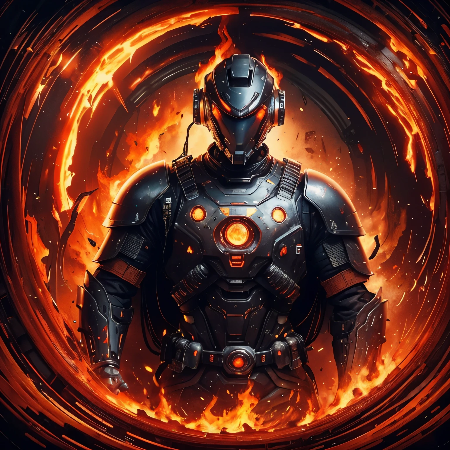 impactful paint of a close up of a robot in a building with a helmet on, cyberpunk flame suit, cyberpunk armor, cyberpunk suit, sci - fi suit, intricate cyberpunk armor, cybernetic fire armor, apex legends armor, cyber suit, cybernetic flame armor, clothed in sci-fi military armor, warrior in sci-fi armour, sci - fi armor