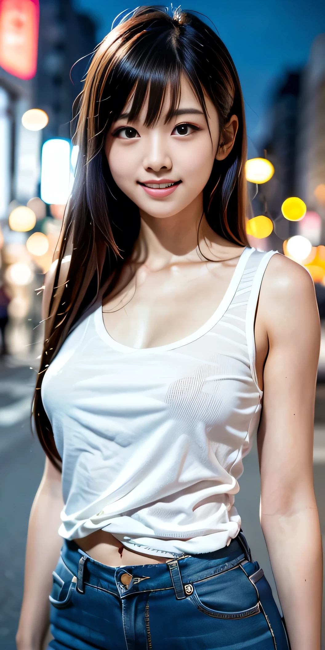 One incredibly cute girl,Super cute 16 year old girl、White skin、 Tokyo Street,night, Streetscape,City lights,Upper Body,close,smile,, (8k, RAW Photos, highest quality, masterpiece:1.2),(Realistic, photo-Realistic:1.37),