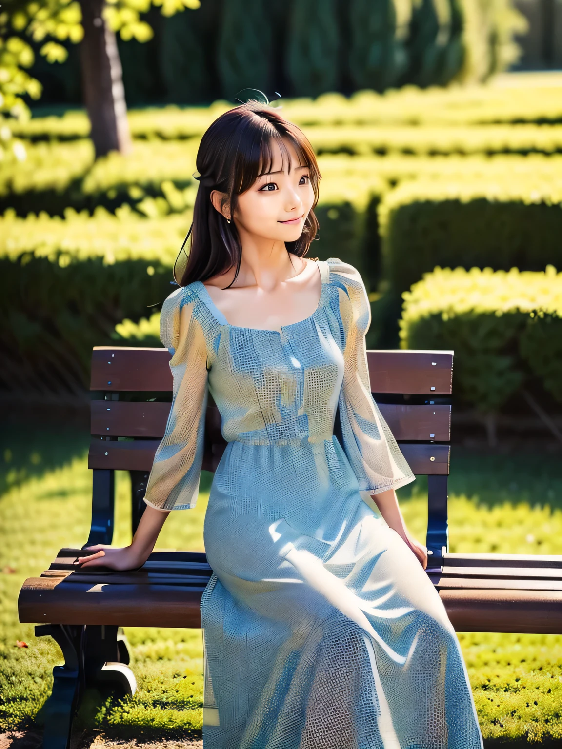 (This is a realistic photo of a woman wearing a long dress sitting on a park bench. This scene has the characteristic grain of vintage film photography. Rendered with rough textures, soft focus, and slightly faded colors, the image captures a moment of solitude and simple joy in a quiet park.The woman's elegant dress and the nostalgic atmosphere. It enhances the overall artistry. I hope it captures the mood and style you were looking for. :1.5)
BREAK
(long dress with half sleeves:1.5).