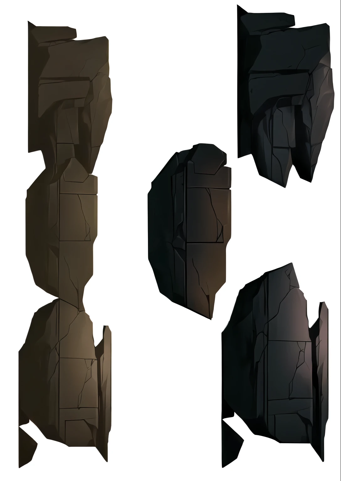 um close de uma escultura de papel de um homem com capacete, black rock statue material, ativo do jogo, blocos irregulares de pedra, seperated ativo do jogo, texturas estilizadas, 2d ativo do jogo, estruturas rochosas altamente detalhadas, sombreamento cel estilizado, creating a thin monolith, ativo do jogo of fighters, Caranguejo rochoso extremamente detalhado