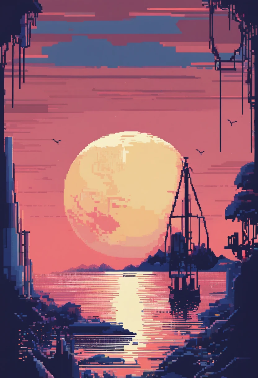 Pixel art of giant moon rising on calm sea, beautiful detailed pixel art, detailed pixel art, Lofidel retro video game, concept pixelart, detailed pixel artwork, Pixel art style, pixel town, pixel art animation, high quality pixel art, Dolphins jump out of the sea, super detailed color lowpoly art, #Pixel art:3, # Pixel art, #Pixel art