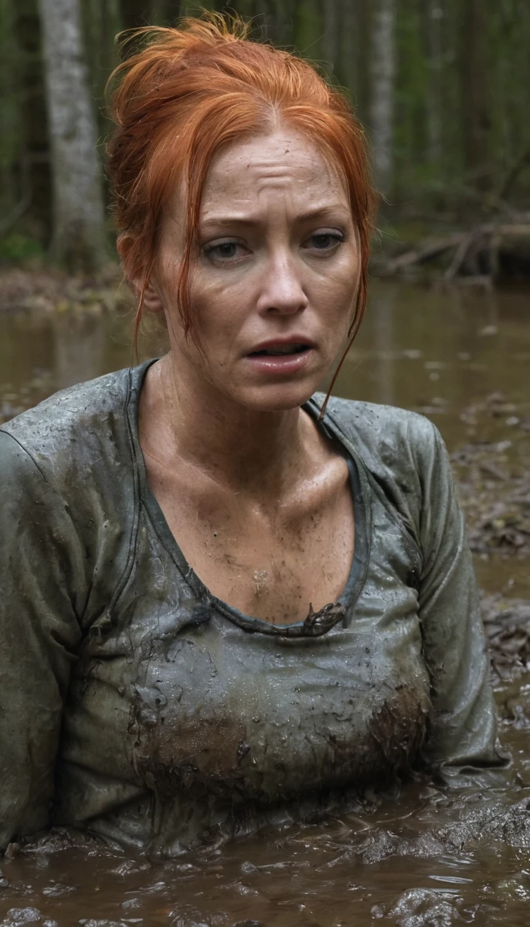 Hyper-realistic, ultradetailed, Raw, masterpiece. dark forest. 40-years-old woman is caught drowning in a quicksand sticky cement bog. The swamp sexually devours her body. ((on face: fright, depraved)). ((soaked muddy jeans)), (sweatshirt), shortness of breath, shameful, loses control of himself, ((Trapped in lust, defenseless)), Copper-red hair, sweat, hard breath