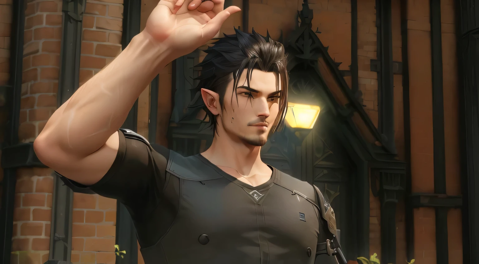 Da ist ein Mann, der in einem Videospiel mit der Hand winkt, Male character, Stil Spiel Square Enix, Final Fantasy 14-Stil, als Charakter in Tekken, Upper body avatar, a male elf, Im Trend auf PXIV, Nahaufnahme im Stil einer schweren Geste, Charakter Nahaufnahme, Standardpose neutraler Ausdruck, Charakter-Nahaufnahme, Ingame-Bild, Stil Spiel Square Enix life