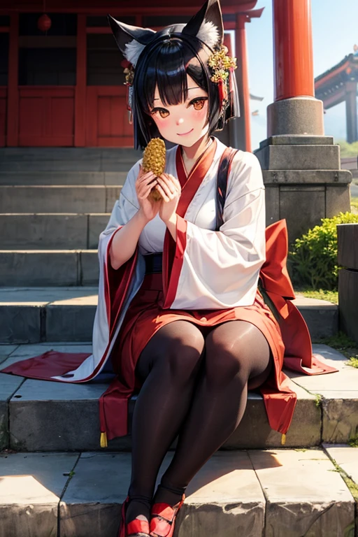 Girl with black bob hair Fox ears A little overweight Wearing a shrine maiden outfit She is sitting on the stone steps of the shrine, smiling and eating rice balls in both hands.