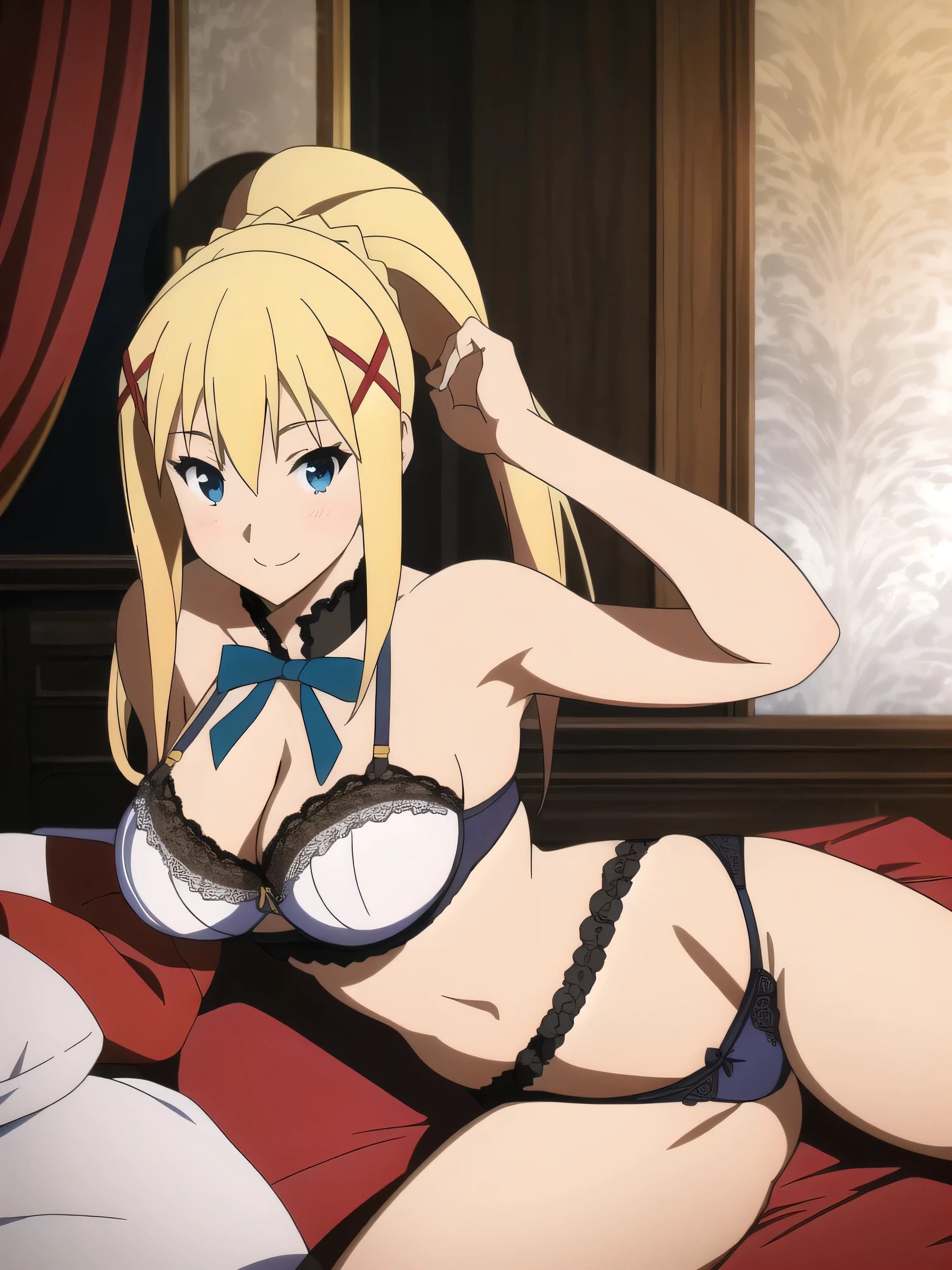 Masterpiece, 16k high quality photo, super detailed, top quality, perfect anatomy, (Photorealistic: 1.4), (darkness (konosuba)), 1 girl, (1 girl, solo, long hair, beautiful breasts) , blonde, hair ornament, ribbon, ponytail, x hair ornament,), blue eyes, smile, looking at the camera, (bra: 0.5, white lace), beautiful cleavage, hard chest. Big breasts: 1.8, beautiful and smooth, huge ass: 1.6, wide hips: 1,6, (thong panties: 0.0, high leg: 0.0, white lace), (has a pussy, real), facing forward (in an exciting pose, lying down, legs apart), (pulling panties with hand), bedroom background,
