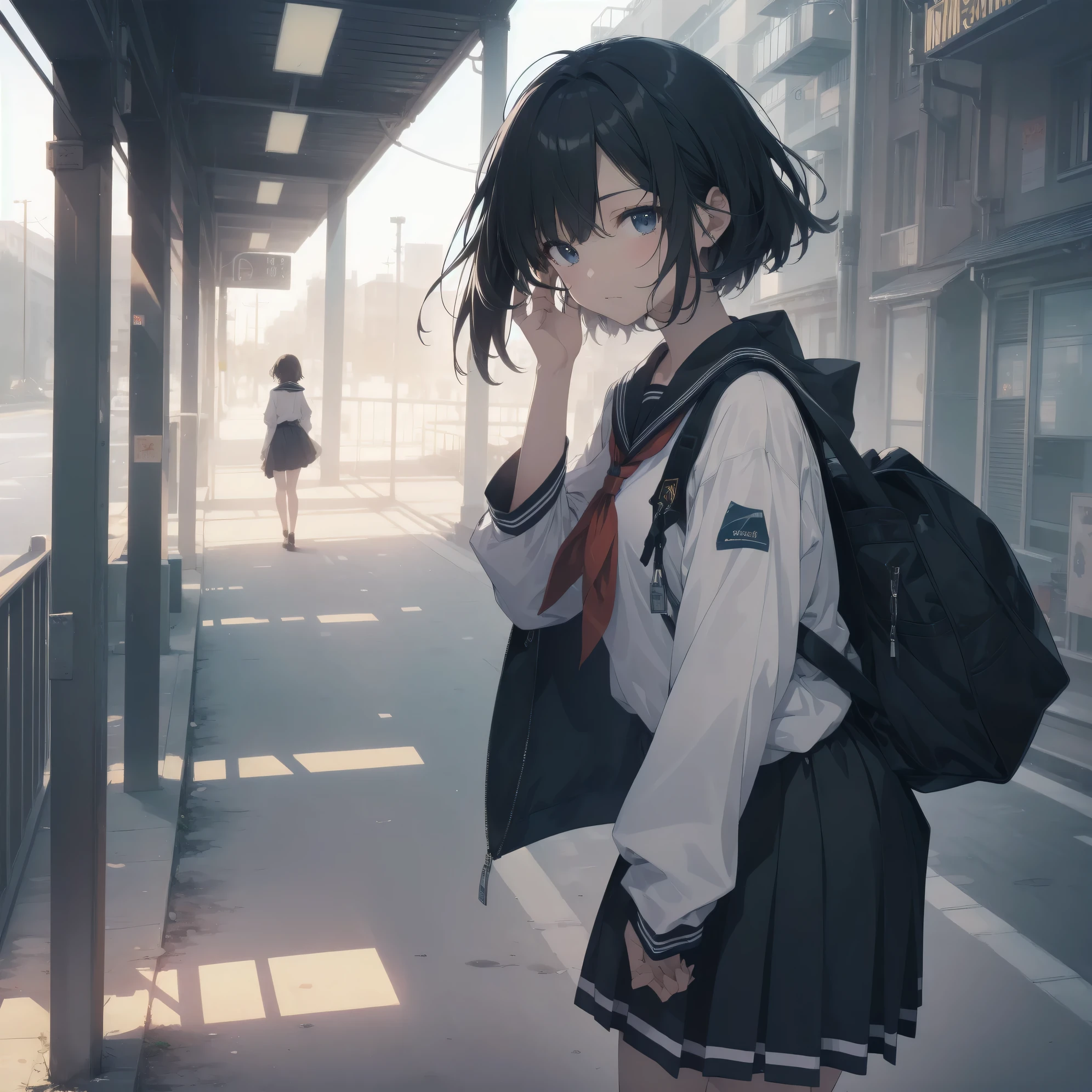 ultra-absurdres-Top quality by artist God, ultra-detailed, high resolution, anime moe artstyle, best anime 8k konachan wallpaper, pixiv contest winner, pool:2810, perfect anatomy,break, 1girl, (Please draw a girl walking sleepily to school alone. )break,(Solo,little female, 13-year-old:1.3),Full limbs, complete fingers,a junior high school student, (very short hair), short cut, flat chest, , small butt, small black eyes, beautiful detailed eyes, well-proportioned iris and pupils, expressive eyes, highres detailed hair, soft expression, salor school_uniform, sailor collar, serahuku, bow, pleated skirt,(Detailed Lighting), (Detailed background), in the School commute route. break,super detailed skin, Best cinematic lighting powered by famous artist, 8k,beauty illustration,photoshop_(medium),very aesthetic,break,((artist:kani biimu )), artist:clamp ,artist:carnelian ,artist:kantoku ,