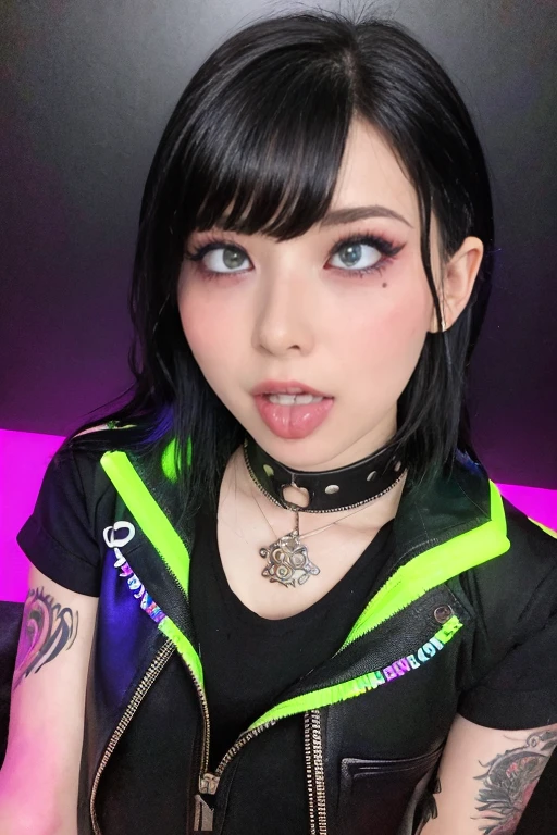 (ultra realistic),Photo, high quality, Analog Photography Ahegao , (low lighting), (neon atmosphere) light background ,portrait of a girl, Ahegao, Black Hair,chölka, view from above, detailed eyes,