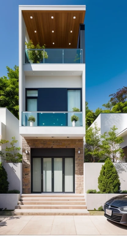 A modern house with a blend of contemporary materials like glass stands elegantly in front of a sidewalk and a road. This house exudes simplicity and sophistication through its clean lines and functional design. The exterior of the house showcases a modern architectural style, predominantly employing glass and metal as its primary construction materials. The walls may be made of sleek concrete or smooth, minimalist panels. The clean geometric shapes and large windows allow ample natural light to flood the interior, giving an open and airy feel to the house. Surrounded by a sidewalk and a well-kept road, the house integrates seamlessly with its urban setting. The sidewalk provides a pedestrian-friendly space, while the road offers accessibility for vehicles. The minimalistic landscaping complements the modern aesthetic of the house, creating an inviting and stylish presence within the neighborhood.